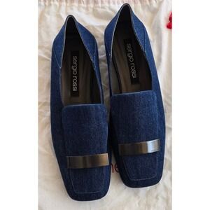 Sergio Rossi sr1 Denim Loafers Blue Dark Wash Square Toe Metal Plaque A84820 9.5